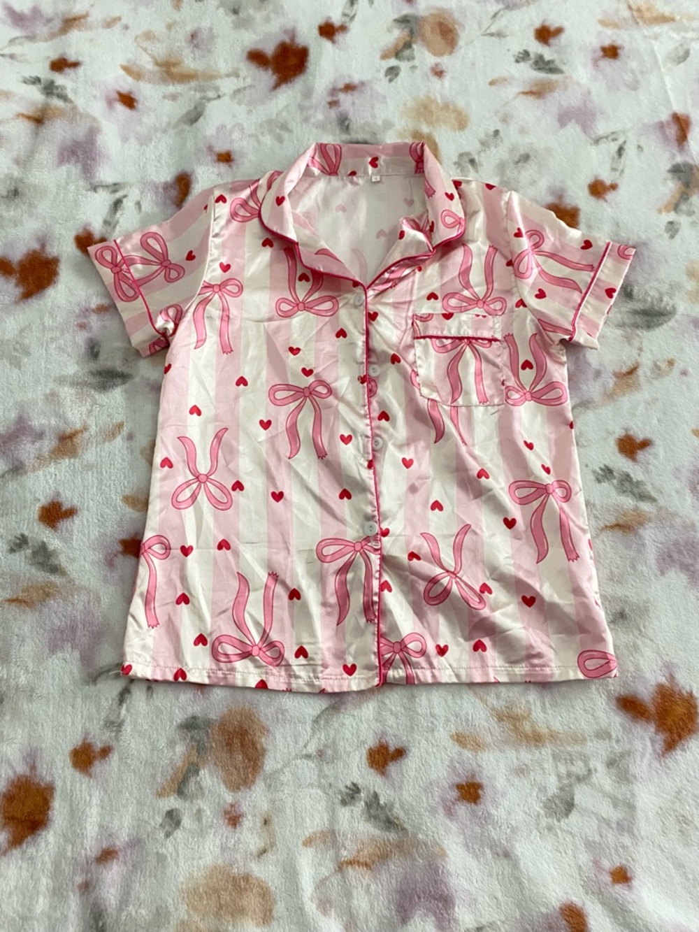 Womens Pink Bow-Print with stripes Short Sleeve Pajama Top